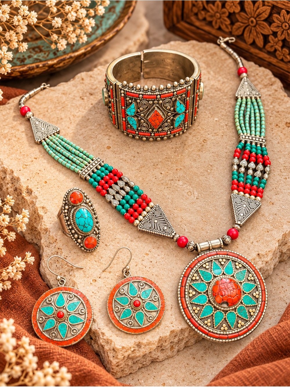 Boho Turquoise & Coral Jewelry Set – Necklace, Earrings, Cuff Bracelet & Ring
